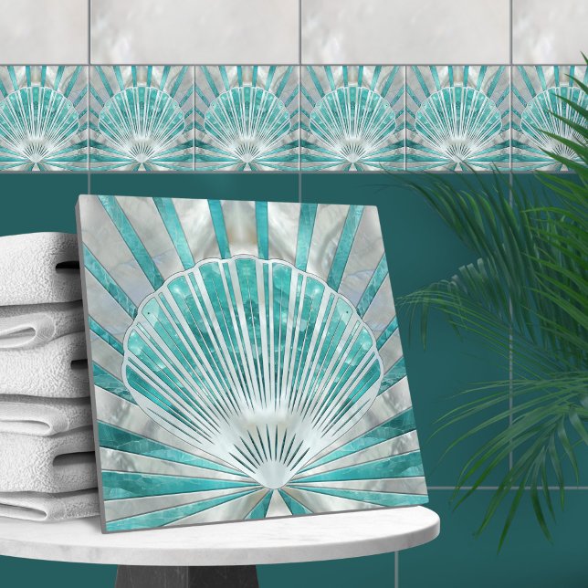 Seashell Art Deco-Aquamarine och Pearl Kakelplatta (Skapare uppladdad)