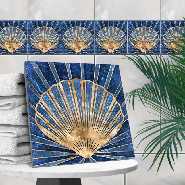 Seashell Art Deco - Blue Marble och Guld Kakelplatta (Skapare uppladdad)