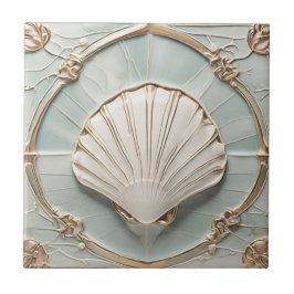 Seashell Art nouveau Faux Relief Mint Blue & Guld Kakelplatta