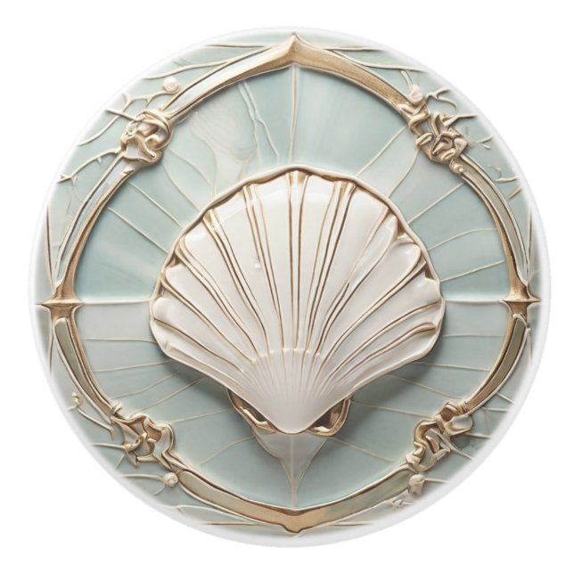 Seashell Art nouveau Faux Relief Mint Blue & Guld Knopp (Framsidan)