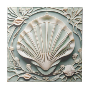 Seashell Art nouveau Faux Relief Mint White Snäcka Kakelplatta