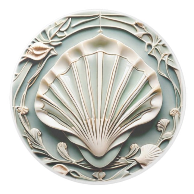 Seashell Art nouveau Faux Relief Mint White Snäcka Knopp (Framsidan)