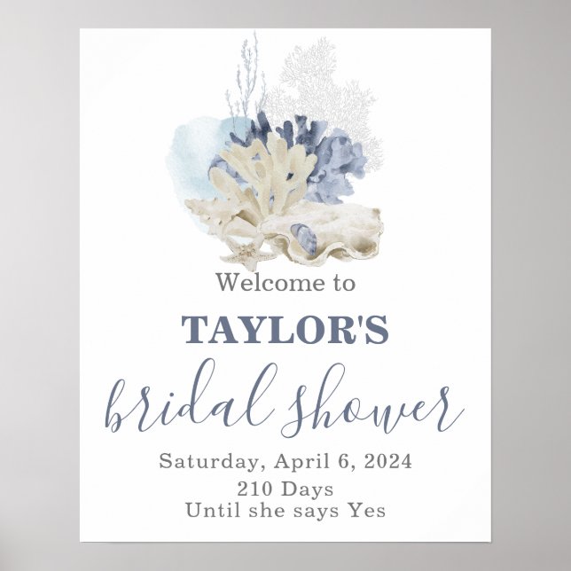 Seashell beach blue bridal shower Welcome Poster (Framsidan)