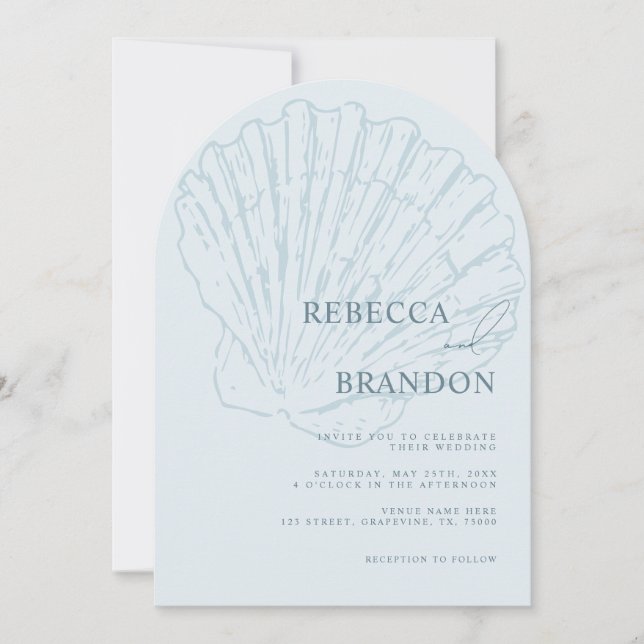 Seashell Beach Coastal Blue QR Code Arch Wedding Inbjudningar (Framsida)