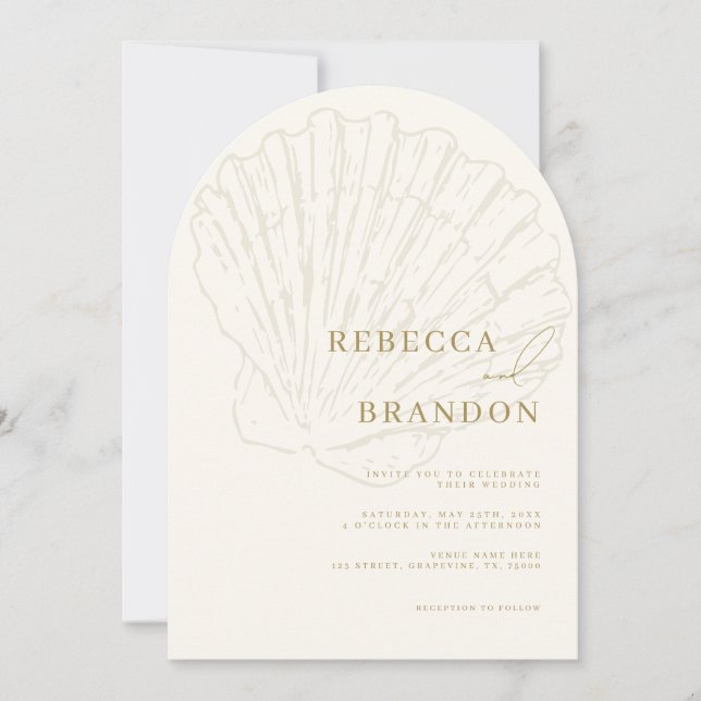 Seashell Beach Coastal Ivory & Gold Arch Wedding Inbjudningar (Framsida)