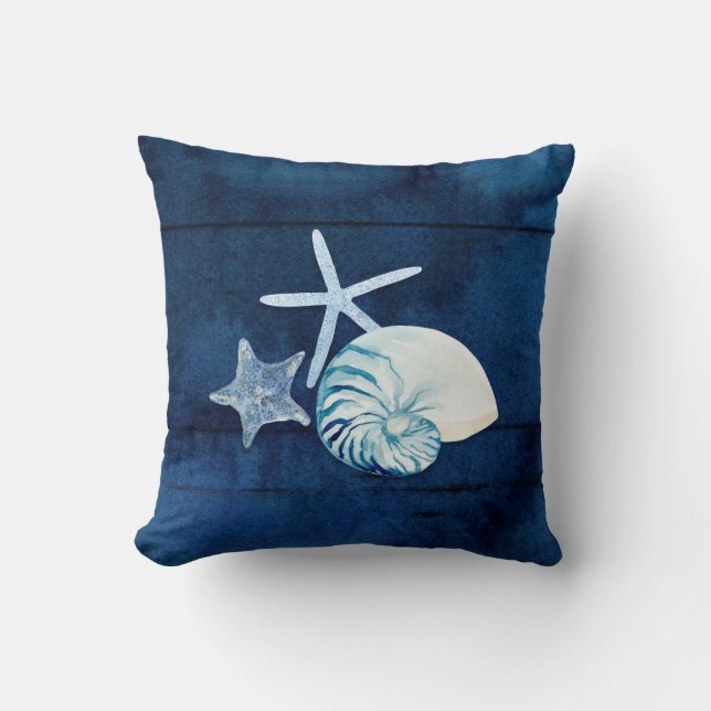 Seashell Beach House Navy Coral Nautilus Starfish Kudde (Framsida)