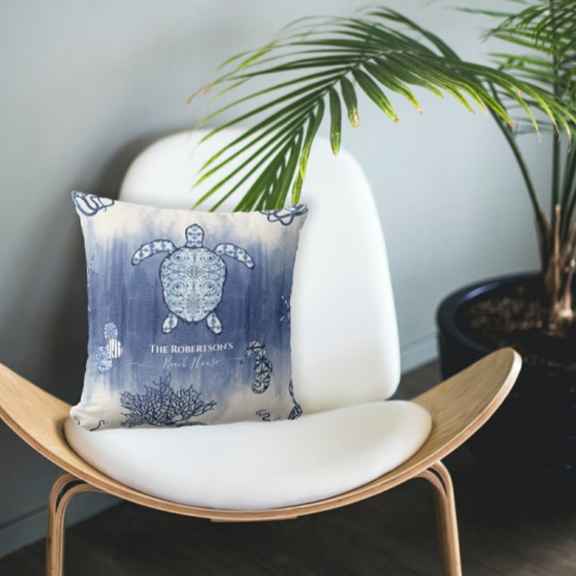 Seashell Beach House Navy Sea Turtle Seahorse Namn Kudde (Skapare uppladdad)