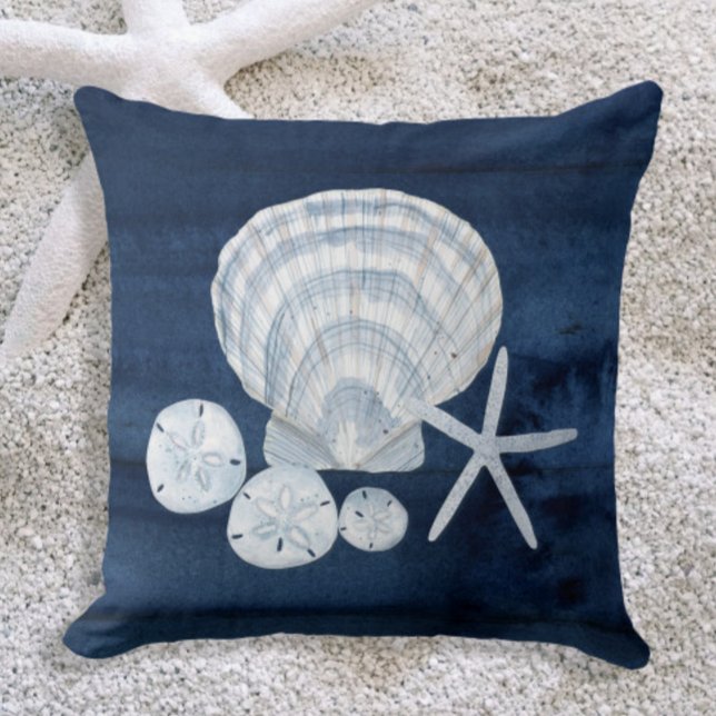 Seashell Beach House Navy Starfish Sand Dollar Kudde (Skapare uppladdad)