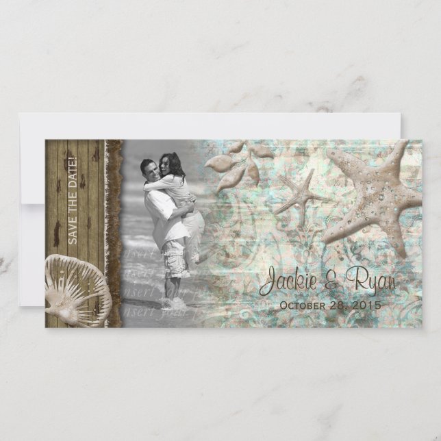Seashell Beige Wood Beach Wedand Photocard Spara Datumet (Framsida)