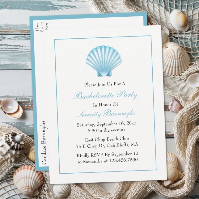 Seashell Blue Nautical Beach Bachelorette Party Inbjudan Vykort (Skapare uppladdad)