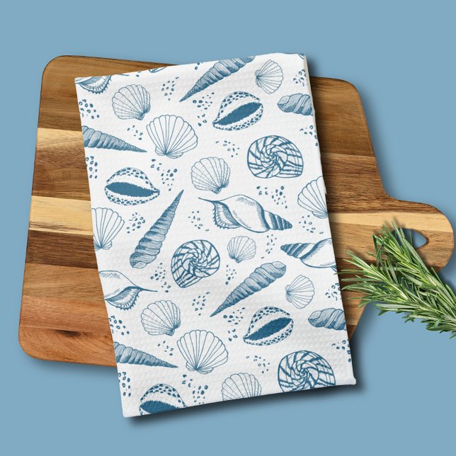 Seashell Blue White strand Kökshandduk (Coastal chic blue seashell nautical beach vibe kitchen towel)