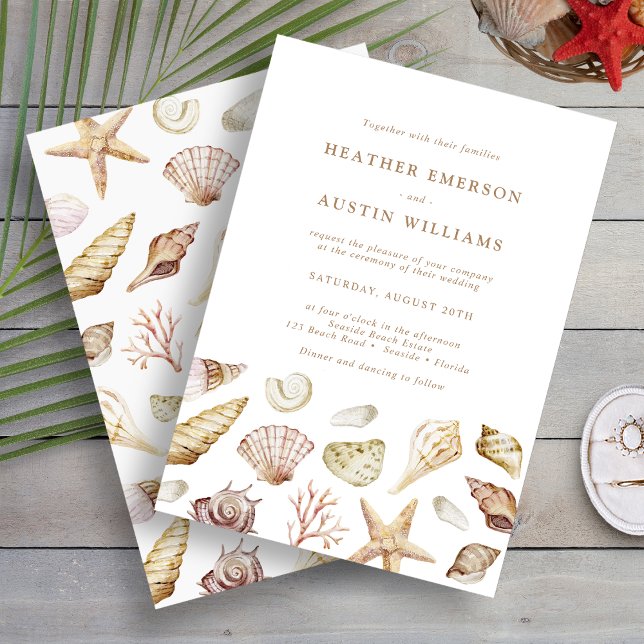 Seashell Bröllop Inbjudningar (Seashell Watercolor Elegant Beach Wedding Invitation by Painted Paperie
)