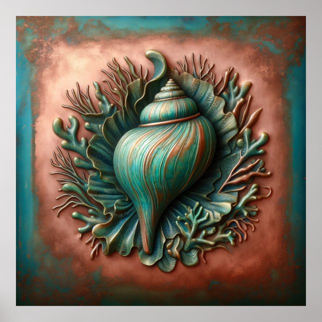 Seashell Copper and Patina Beach House Poster (Framsidan)