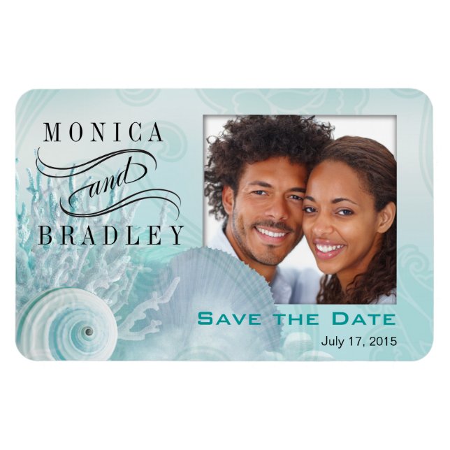 Seashell Dreams Beach Photo Save Date aqua Magnet (Horisontell)