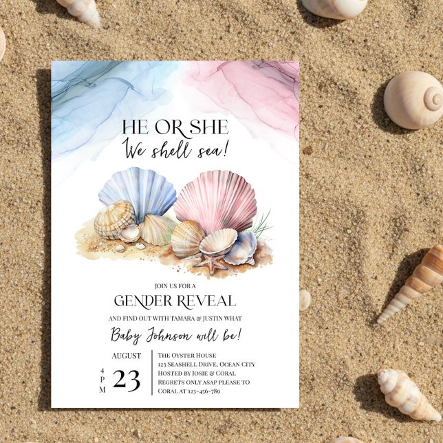 Seashell Gender Reveal He or She We Shell Sea Inbjudningar (He or She We Shell Sea Coastal Gender Reveal Invitation by Darling & May)