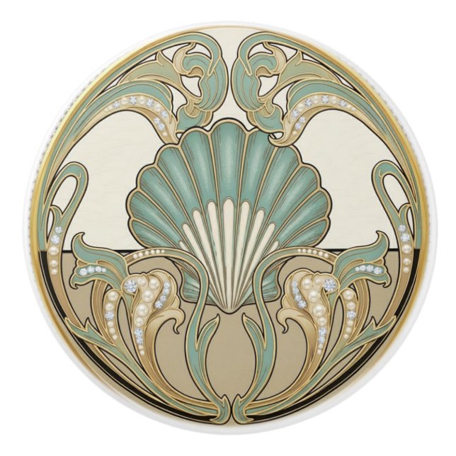Seashell Green Cream & Gold Art Deco Nouveau Shell Knopp (Framsidan)
