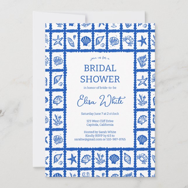 Seashell Grid Beach Möhippa Blue ANPASSNINGSBAR Inbjudningar (Framsida)