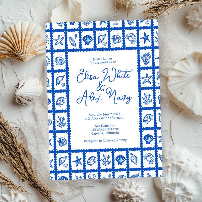 Seashell Grid Beach Seaside Bröllop ANPASSNINGSBAR Inbjudningar (Seashell Grid Beach Seaside Wedding CUSTOM Invitation
)