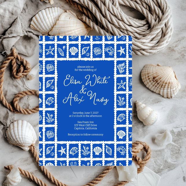 Seashell Grid Beach Seaside Bröllop ANPASSNINGSBAR Inbjudningar (Seashell Grid Beach Seaside Wedding CUSTOM Invitation
)