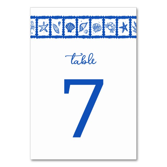 Seashell Grid Beach WedBlue White ANPASSNINGSBAR Bordsnummer (Framsidan)