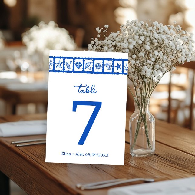 Seashell Grid Beach WedBlue White ANPASSNINGSBAR Bordsnummer (Seashell Grid Beach Wedding Blue White CUSTOM Table Number
)