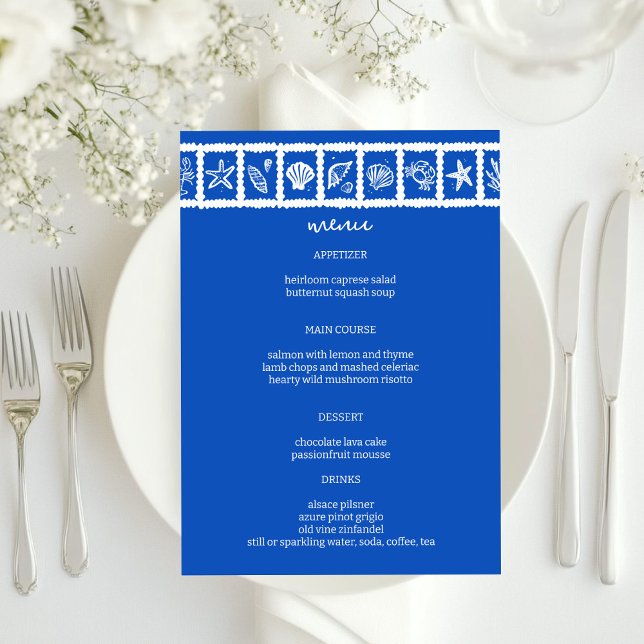 Seashell Grid Beach WedBlue White ANPASSNINGSBAR Meny (Seashell Grid Beach Wedding Blue White CUSTOM Menu
)