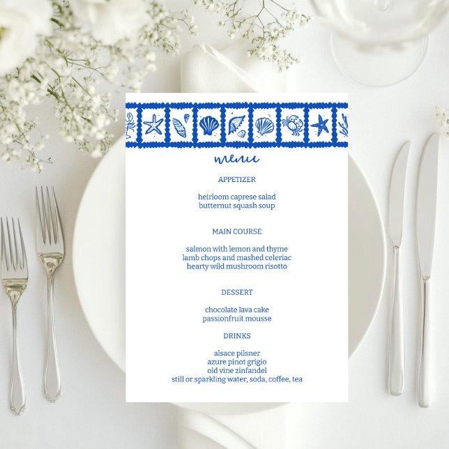 Seashell Grid Beach WedBlue White ANPASSNINGSBAR Meny (Seashell Grid Beach Wedding Blue White CUSTOM Menu
)