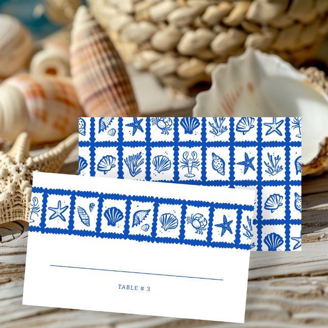Seashell Grid Beach Wedding ANPASSNINGSBAR Placeringskort (Seashell Grid Beach Wedding CUSTOM Place Card
)