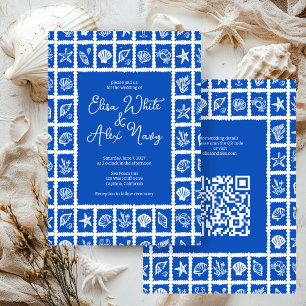 Seashell Grid Beach Wedding ANPASSNINGSBAR QR-kod Inbjudningar