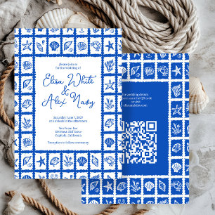 Seashell Grid Beach Wedding ANPASSNINGSBAR QR-kod Inbjudningar