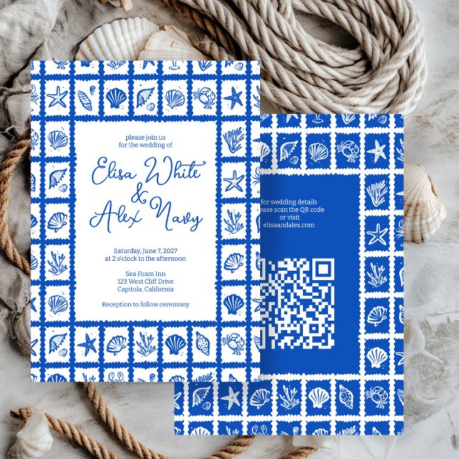 Seashell Grid Beach Wedding ANPASSNINGSBAR QR-kod Inbjudningar (Seashell Grid Beach Wedding CUSTOM QR Code Invitation
)