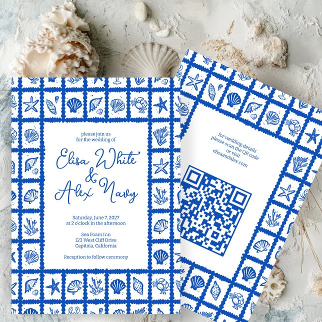 Seashell Grid Beach Wedding ANPASSNINGSBAR QR-kod Inbjudningar (Seashell Grid Beach Wedding CUSTOM QR Code Invitation
)