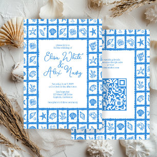 Seashell Grid Beach Wedding ANPASSNINGSBAR QR-kod Inbjudningar