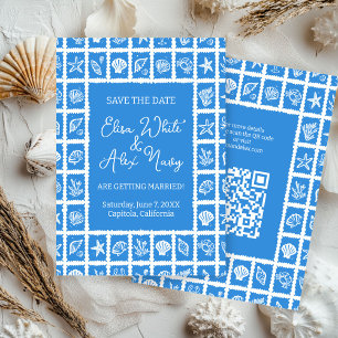 Seashell Grid Beach Wedding ANPASSNINGSBAR QR-kod Spara Datumet