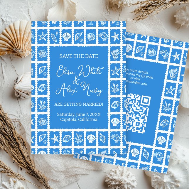 Seashell Grid Beach Wedding ANPASSNINGSBAR QR-kod Spara Datumet (Seashell Grid Beach Wedding CUSTOM QR Code Save The Date
)
