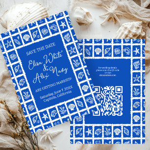 Seashell Grid Beach Wedding ANPASSNINGSBAR QR-kod Spara Datumet
