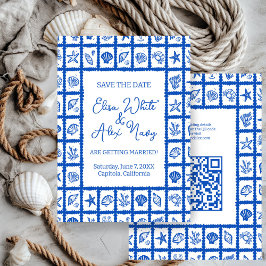 Seashell Grid Beach Wedding ANPASSNINGSBAR QR-kod Spara Datumet
