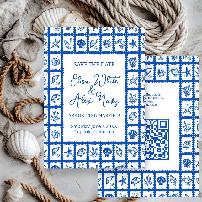 Seashell Grid Beach Wedding ANPASSNINGSBAR QR-kod Spara Datumet (Seashell Grid Beach Wedding CUSTOM QR Code Save The Date
)