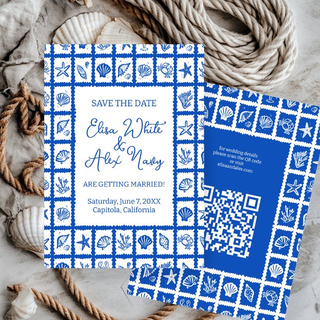 Seashell Grid Beach Wedding ANPASSNINGSBAR QR-kod Spara Datumet (Seashell Grid Beach Wedding CUSTOM QR Code Save The Date
)