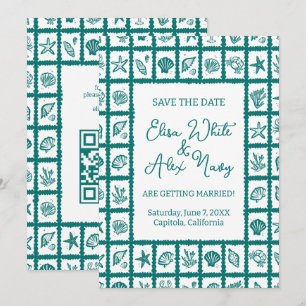Seashell Grid Beach Wedding ANPASSNINGSBAR QR-kod Spara Datumet