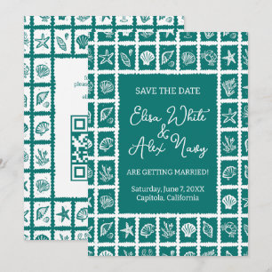 Seashell Grid Beach Wedding ANPASSNINGSBAR QR-kod Spara Datumet
