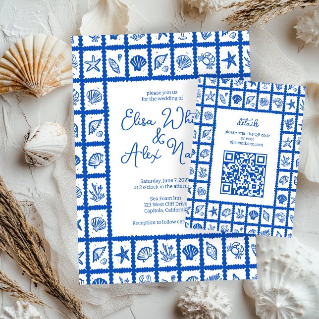 Seashell Grid Beach Wedding ANPASSNINGSBAR QR-kod Tilläggskort (Seashell Grid Beach Wedding CUSTOM QR Code Enclosure Card
)