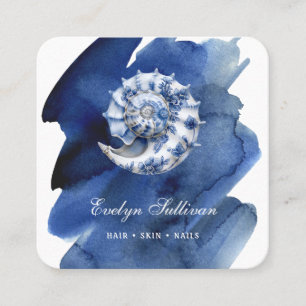 Seashell-logotyp på affärskortet blå vattenfärg fyrkantigt visitkort