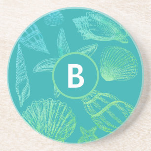 Seashell Monogram Namn Blue Teal Beach Snäcka Roun Underlägg