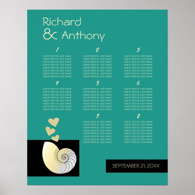 Seashell och Hearts, Beach Wedding Bord plan Poster (Framsidan)