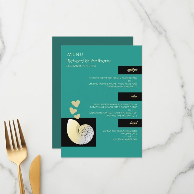 Seashell och Hearts, Beach Wedding Meny (Fram/Back In Situ)