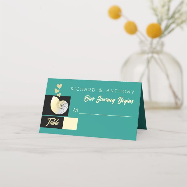 Seashell och Hearts, Beach Wedding Placeringskort (Framsida)