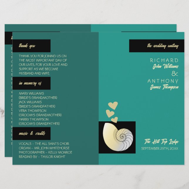 Seashell och Hearts, Beach Wedding Program (Fram/baksida)