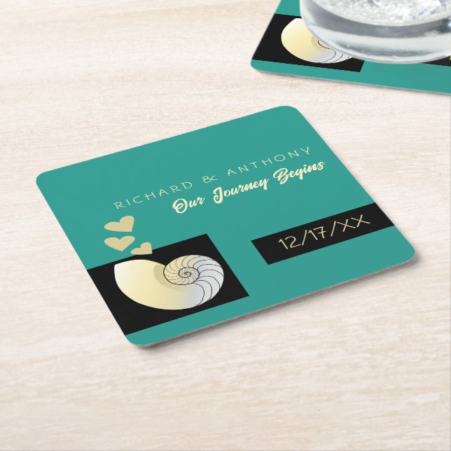 Seashell och Hearts, Beach Wedding Underlägg Papper Kvadrat (Vinklad)