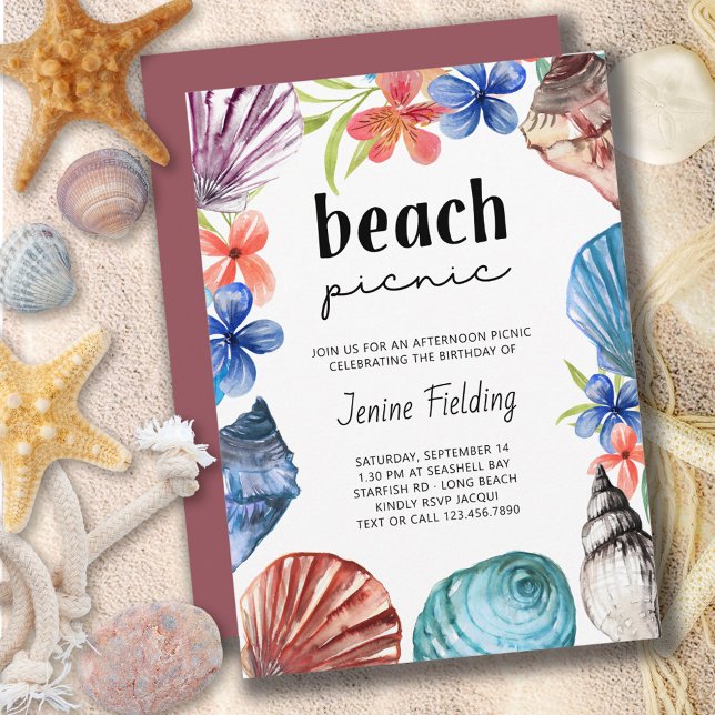 Seashell och Tropiska Flower Beach Picnic Birthday Inbjudningar (Skapare uppladdad)